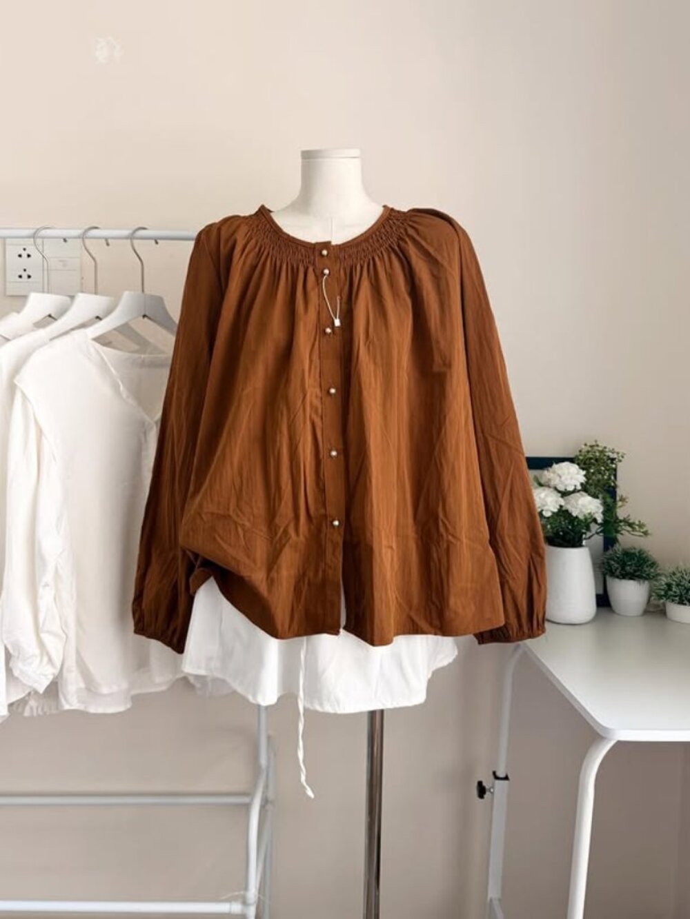 Women's Brown Puff Sleeve Peasant Blouse - Picture 2 of 3